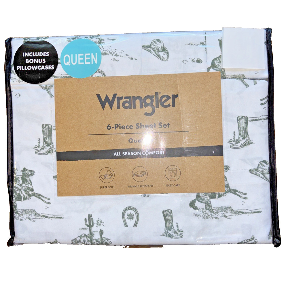 Wrangler Queen Cowboy Rodeo Horse Boot Hat Cactus Western Green Sheet Set NEW